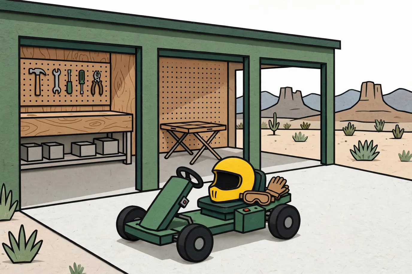 A small go-kart parked on a driveway in front of an open garage, with a helmet on the seat and gloves and goggles beside it.