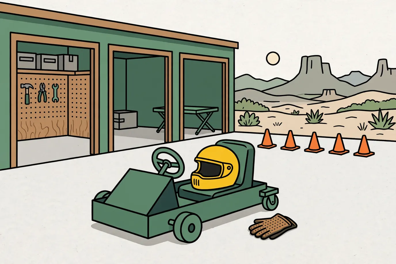 A small electric drift kart parked on an empty concrete pad by an open garage, with a helmet on the seat, gloves beside it and cones in the distance.