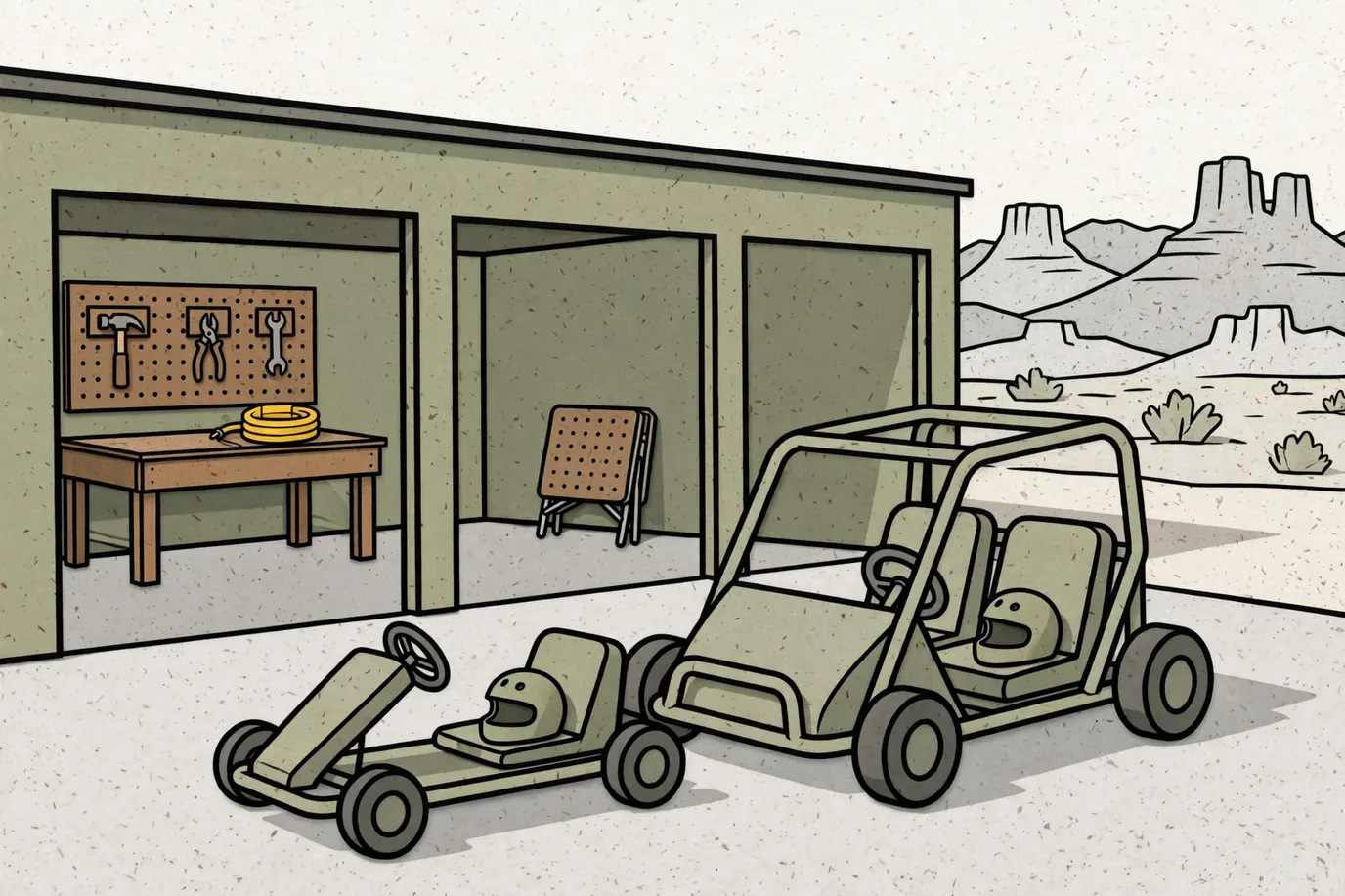 A small one-seat electric go-kart and a larger two-seat kart with a roll cage parked on a driveway, helmets on the seats, a charger on the workbench.