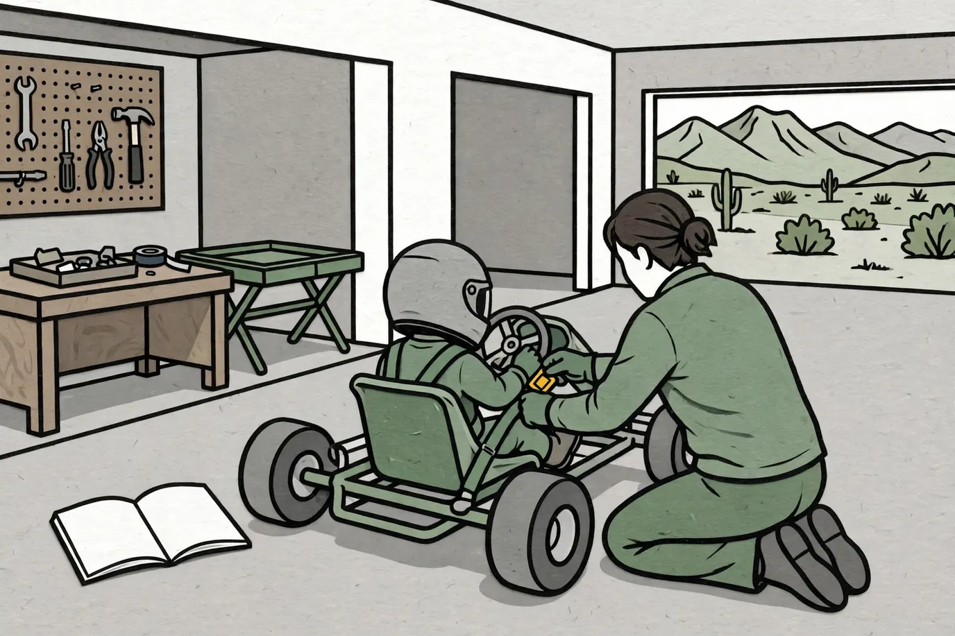 An adult adjusting the harness on a helmeted child seated in a parked go-kart, with the owner's manual open on the driveway.