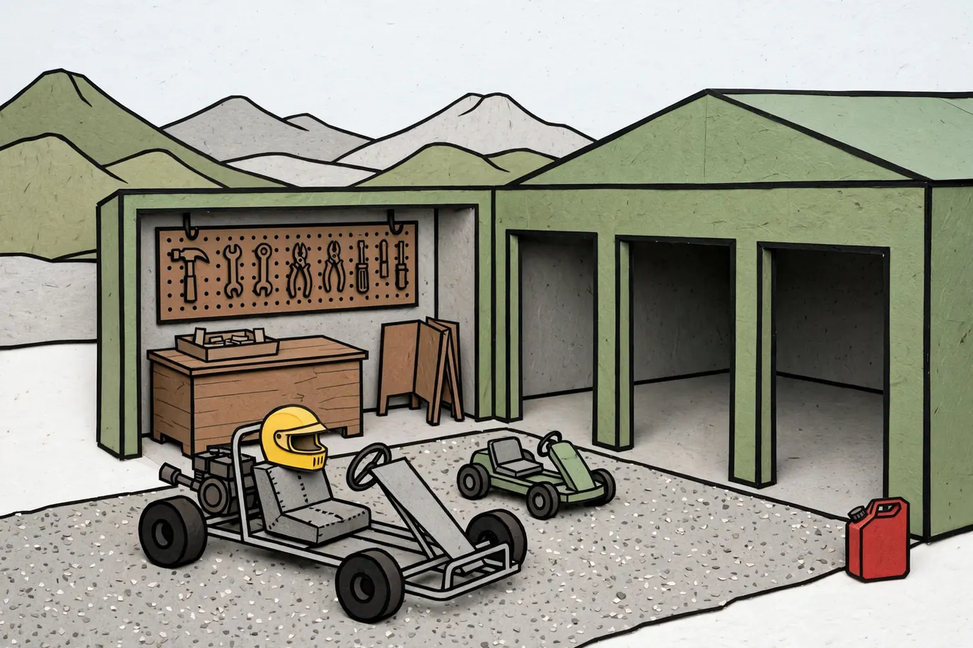 A gas go-kart and a small electric kart parked on gravel outside an open garage, a helmet on one seat and a fuel can set well apart.
