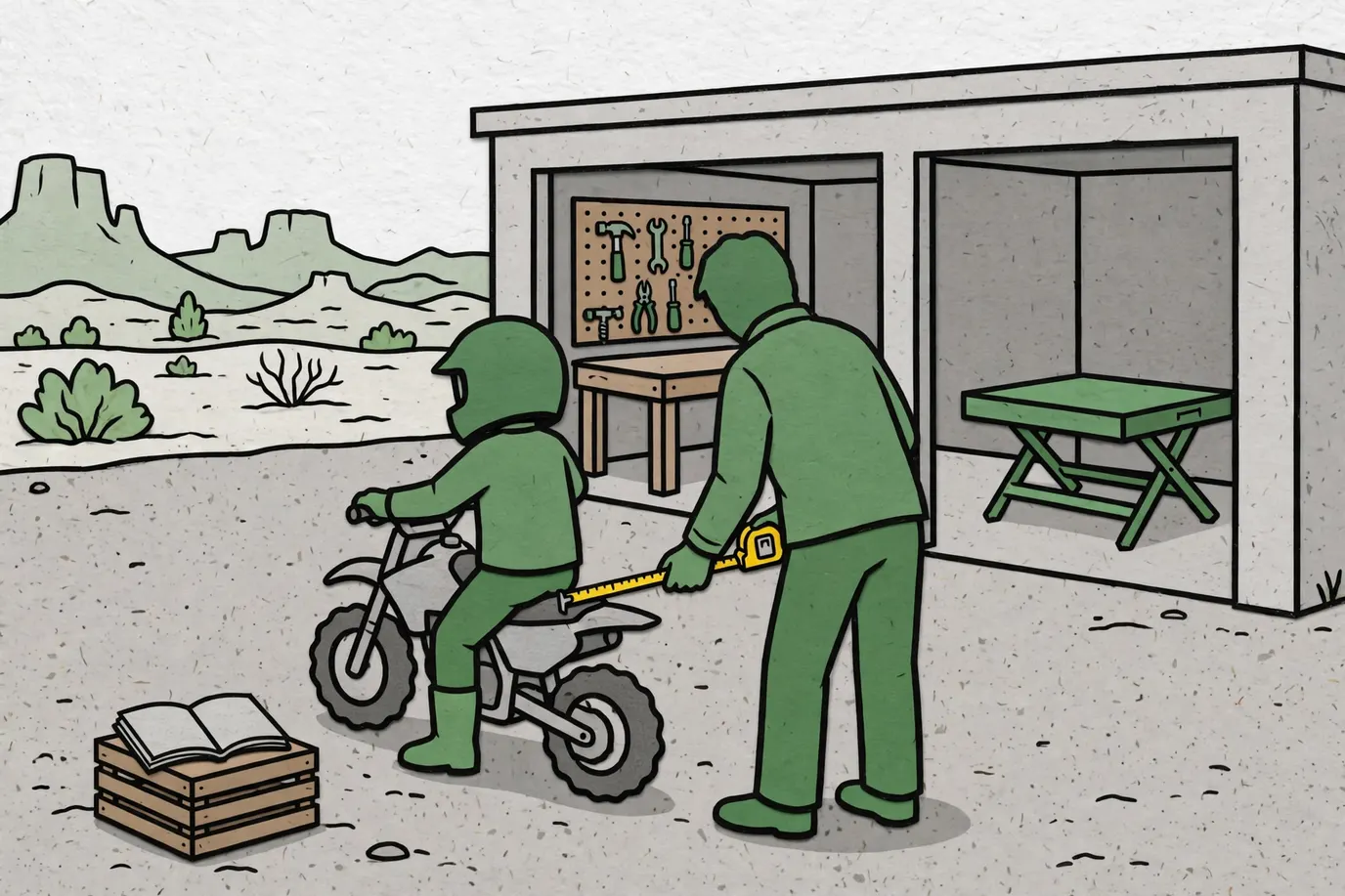 A helmeted child seated on a parked small dirt bike with both boots on the ground while an adult measures the seat height with a tape measure.