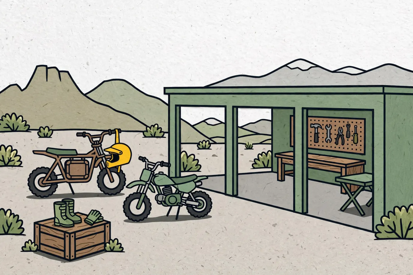 A small electric dirt bike and a small gas dirt bike on kickstands on packed dirt by a garage, a helmet on one handlebar and boots and gloves beside them.