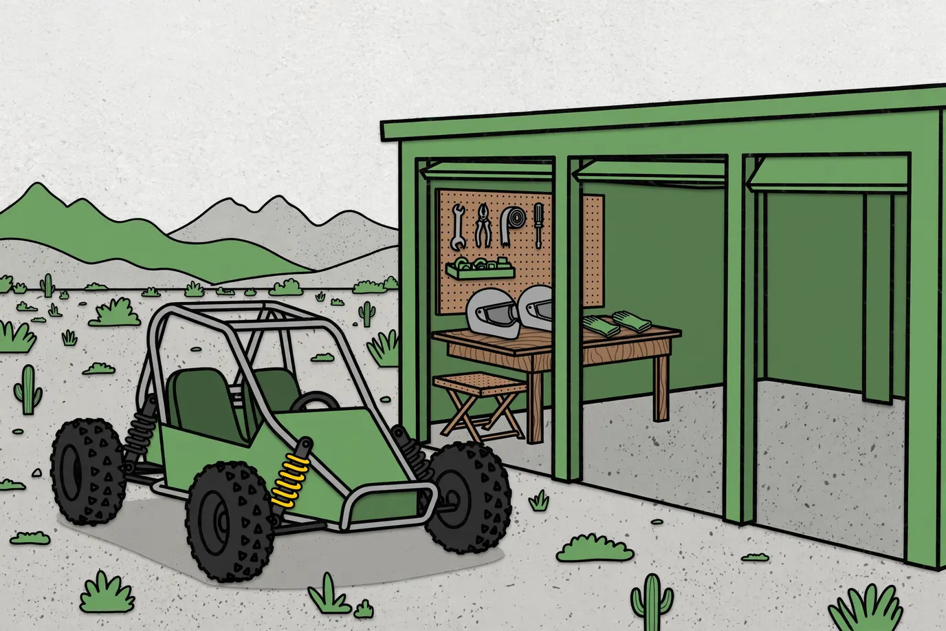 A generic two-seat off-road go kart with a roll cage and coil-spring shocks parked on dirt beside an open garage, two helmets on the workbench.