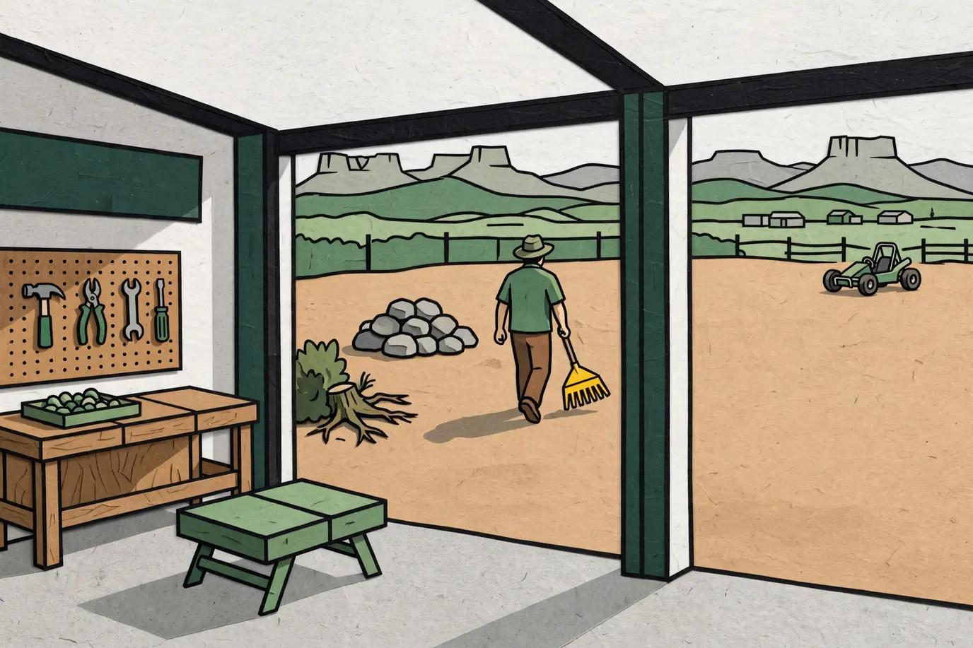 An adult seen from behind clears rocks from a flat dirt field with a rake while a go kart waits at the far edge.