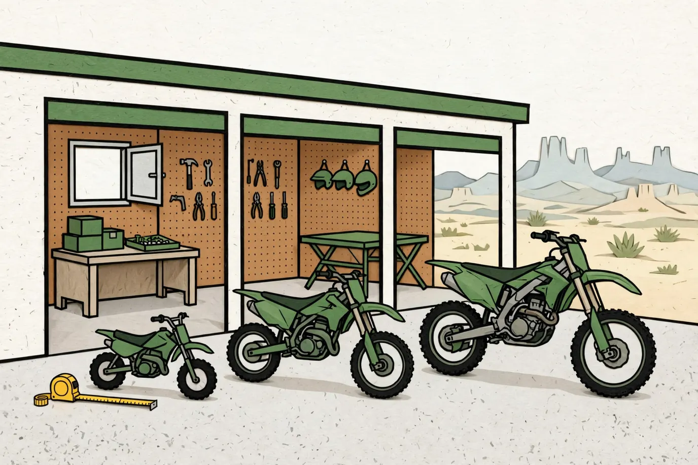 Three generic dirt bikes in a row from small to full size outside an open garage, with a tape measure beside the smallest one.