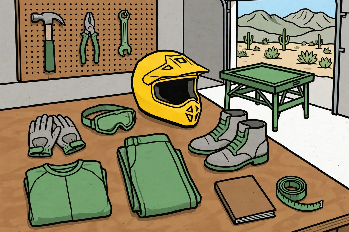Workbench with a full-face helmet, goggles, gloves, boots, long sleeves and pants, an owner's manual and a tape measure laid out neatly.