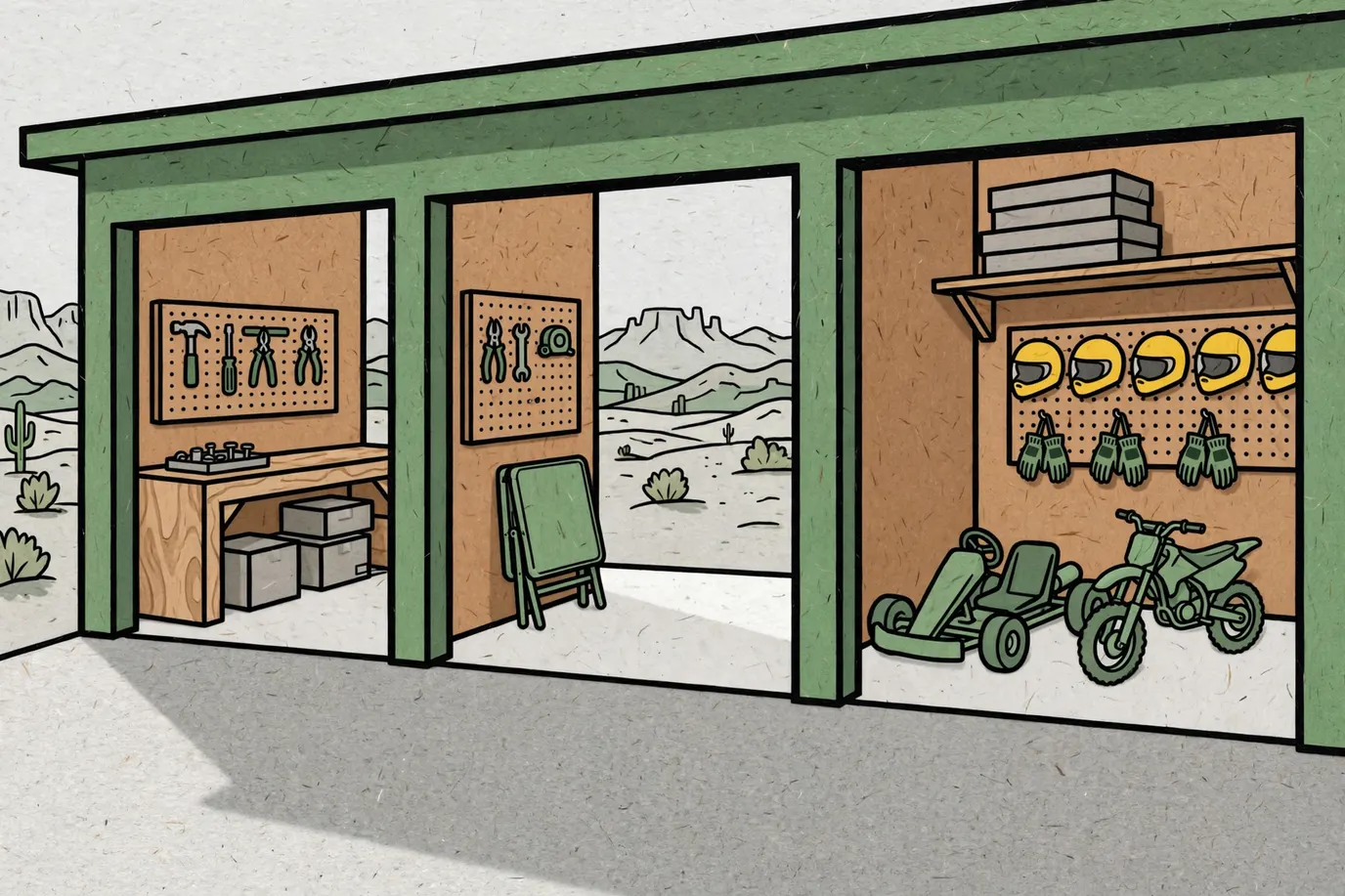 Open garage bay with a small go-kart and a kids' dirt bike parked under a pegboard wall of helmets and gloves.