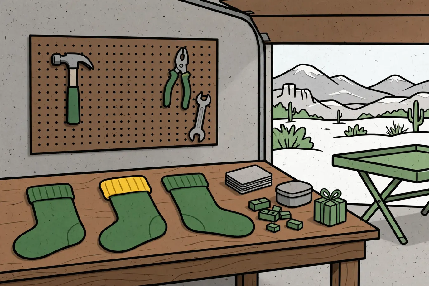 Three holiday stockings on a garage workbench with a deck of cards, building bricks, a small tin and a little wrapped gift.