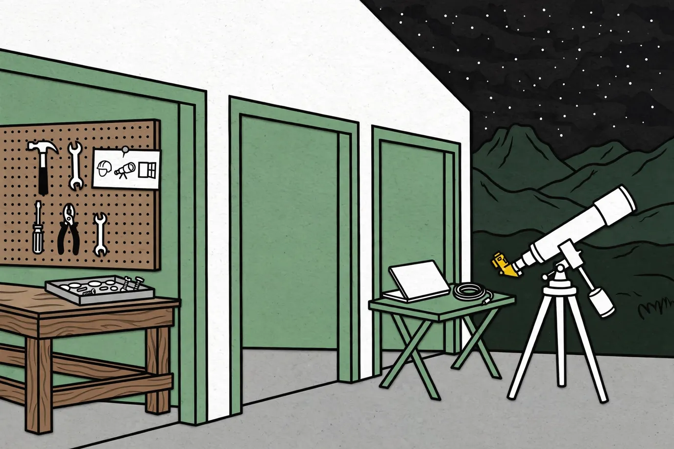A short refractor with a camera attached, on a tilted tracking mount with a counterweight, set up on a driveway under a starry sky.