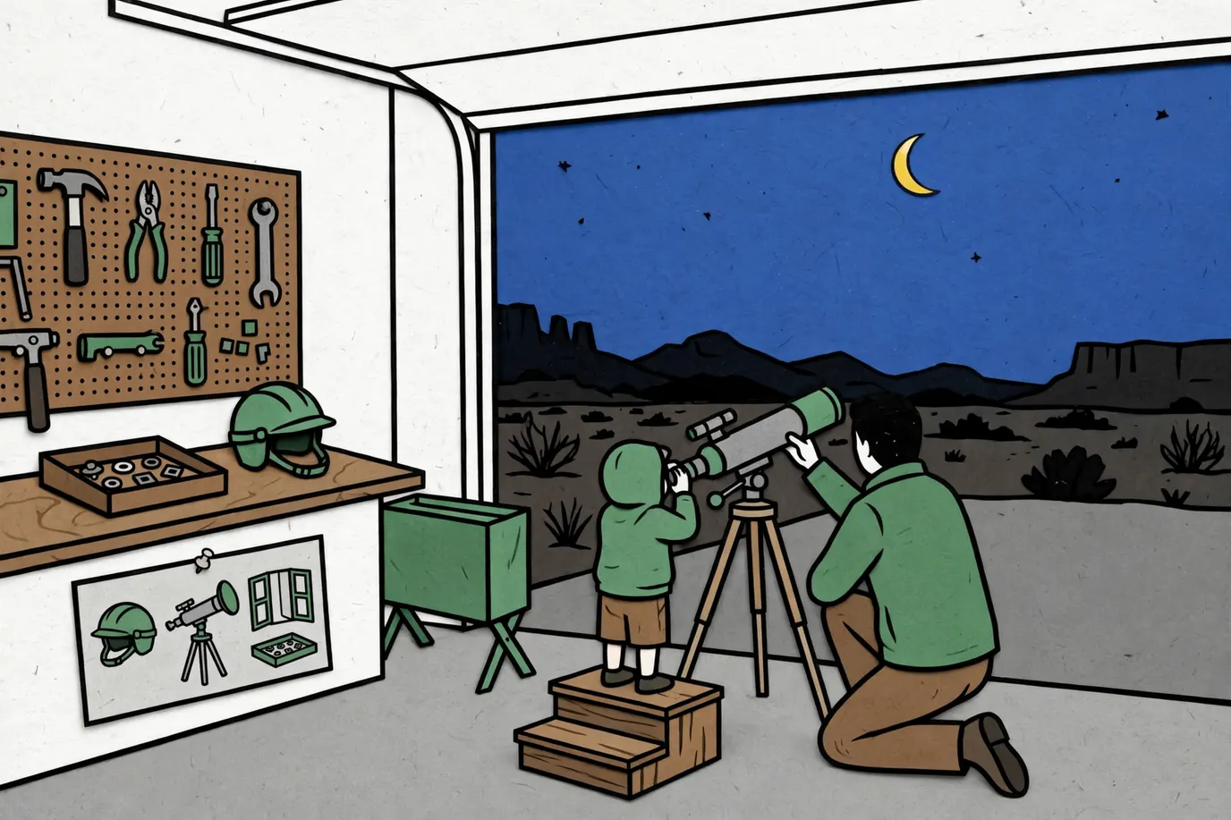 A child seen from behind at a small telescope on a driveway at dusk, an adult kneeling beside it, a crescent Moon over desert mountains.