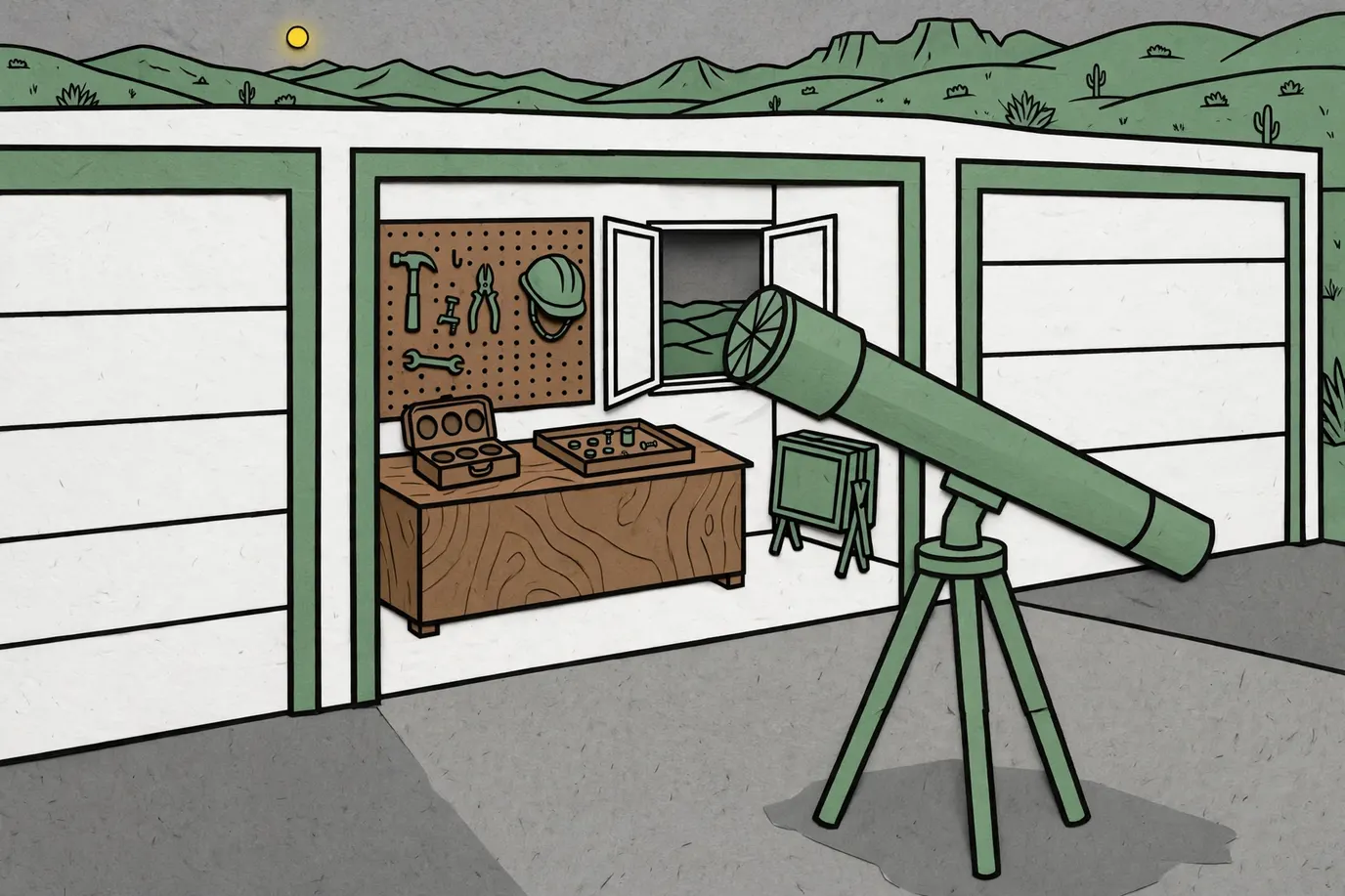 Telescope on a tripod in a garage driveway at dusk, aimed at one bright planet above desert mountains, with an eyepiece case on the workbench.