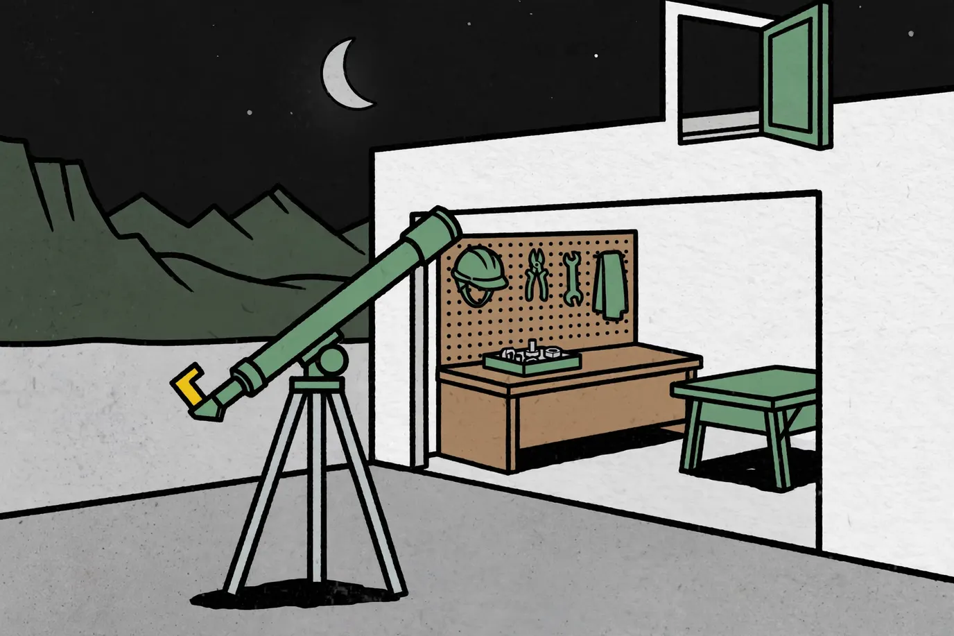 A slim refractor telescope on a tripod in a garage driveway at dusk, aimed at a crescent Moon over desert mountains.