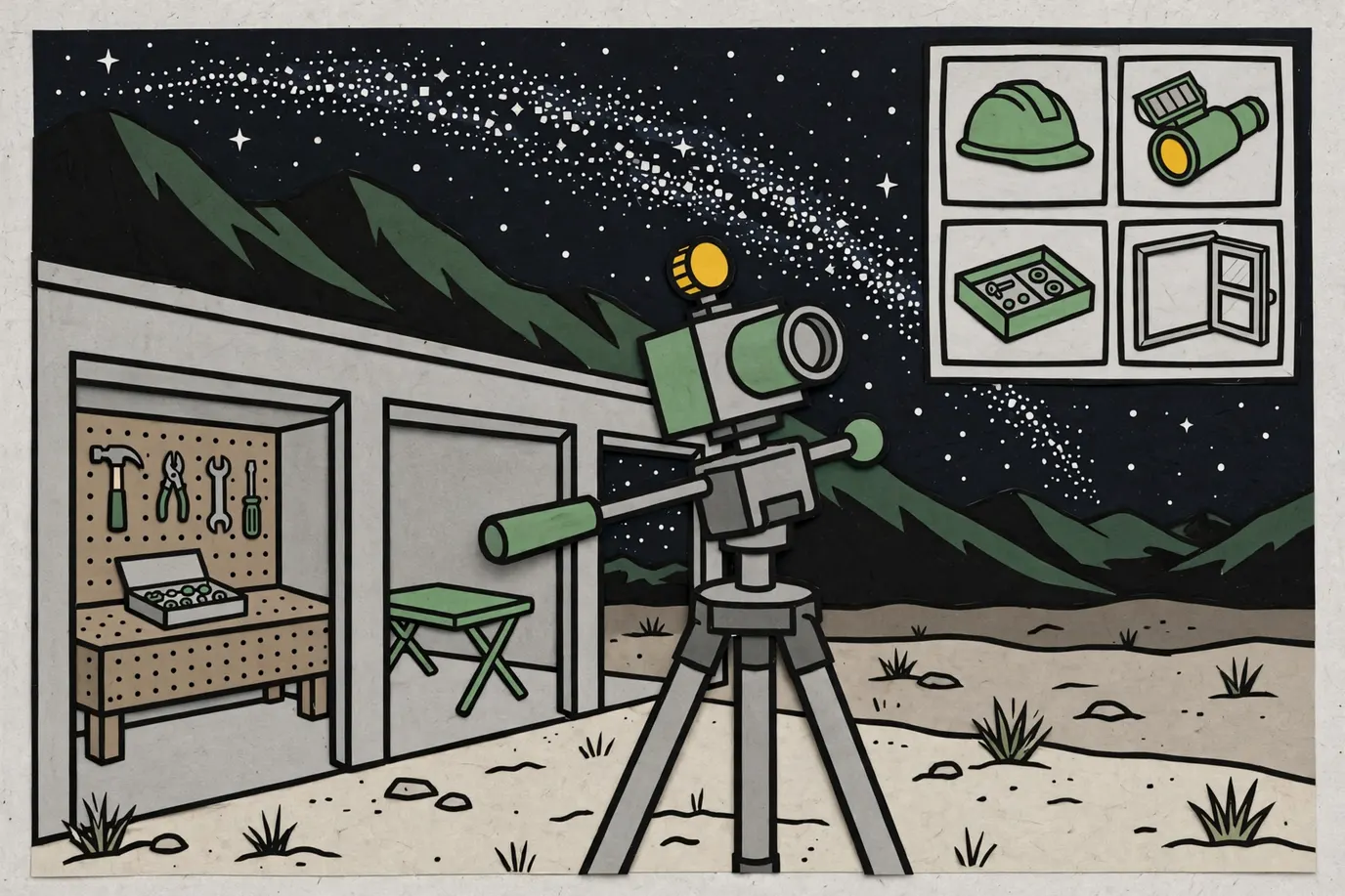 A camera on a small tilted tracking mount atop a tripod, pointed at the Milky Way over dark desert mountains.