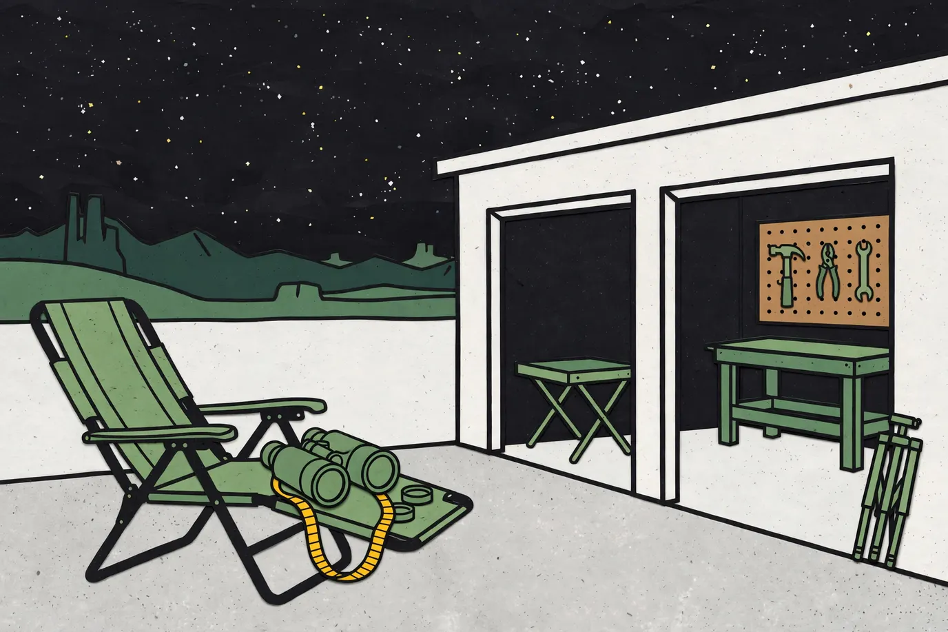 Large binoculars on a reclining lawn chair on a garage driveway at dusk, a small tripod nearby and stars over desert mountains.