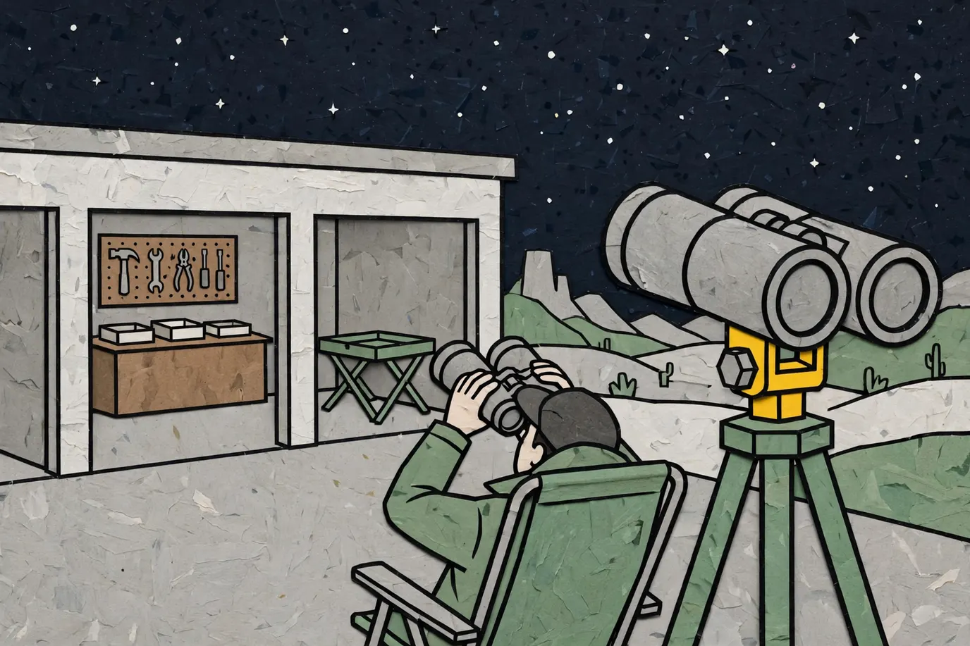 An adult seen from behind in a reclining chair holding binoculars skyward, with giant binoculars on a tripod aimed toward the horizon.