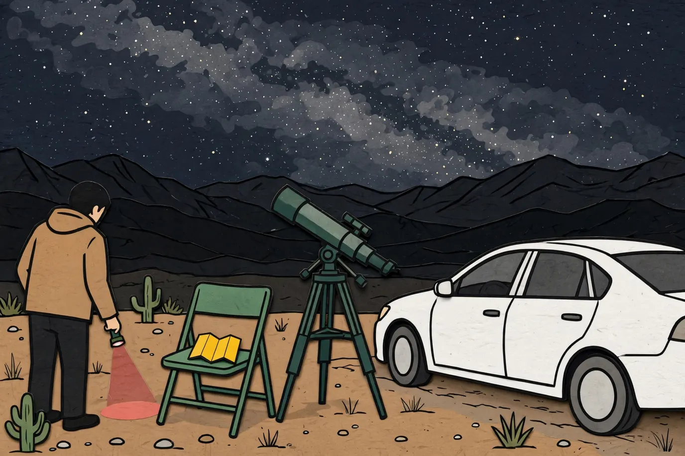 An adult seen from behind at a dark roadside with a telescope, a dim red flashlight aimed at the ground and the Milky Way over desert ridges.
