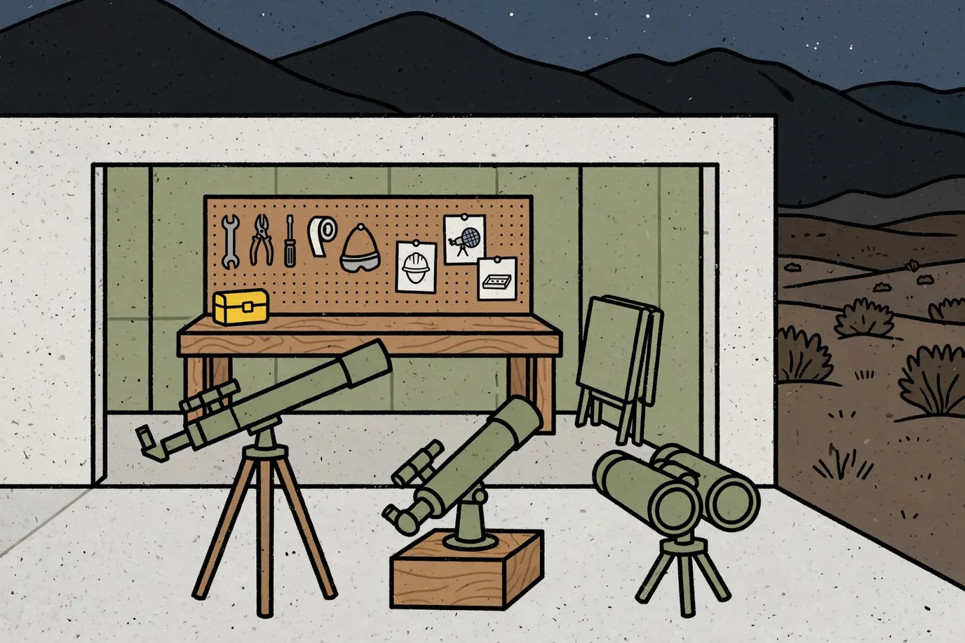 Three stargazing instruments on a garage driveway at dusk: a slim refractor on a tripod, a squat telescope on a box base and binoculars on a tripod.